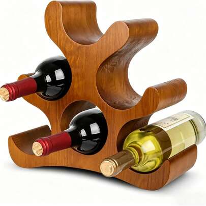 Solid Wood Countertop Wine Rack For 6 Bottles Space Saving Freestanding Design Wooden Storage Holder Stand Kitchen Dining Room Bar