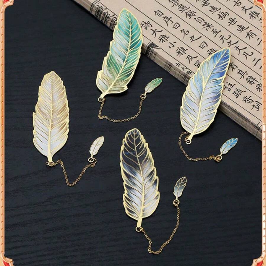 復古羽毛鍍金金屬書籤組:1件,附金屬鏈條吊墜 - 書迷與讀者的完美選擇 - B - 查看 1