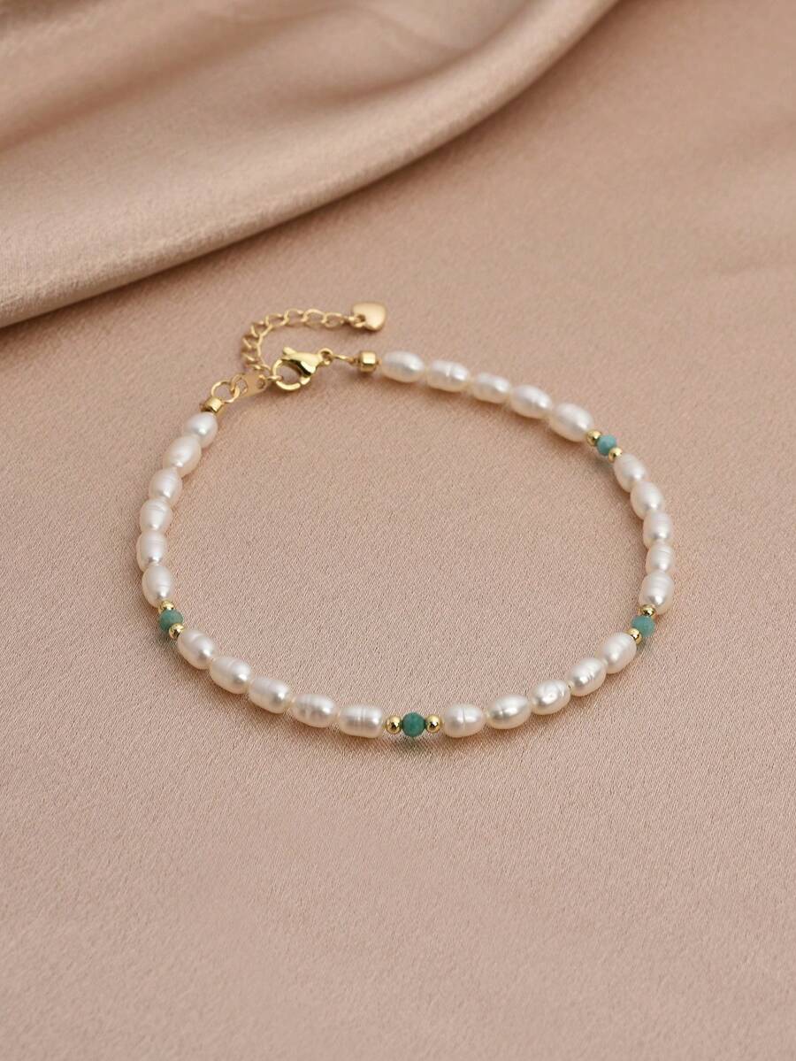 1 Stück 18K vergoldetes Süßwasserperlen-Fußkettchen in Reiskornform für Frauen, Muttertag, Valentinstag, Geburtstag, Hochzeit, Verlobung, Brautgeschenk - Amazonit - Übersicht 1