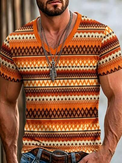 波希米亞風西式條紋V領男士T恤，休閒復古幾何印花夏季上衣