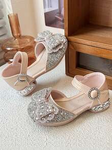 1 par de sandalias con lazo de strass plateado para niñas/niños, con suela blanda antideslizante, zapatos de princesa con cierre de gancho y bucle, transpirables para rendimiento/baile - Rosa - Ver 5