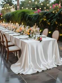 1 pièce Nappe en satin, nappe rectangulaire unie en tissu soyeux lisse pour fête, fête en plein air, dîner de fête, décoration de réception de mariage (rouge vin/blanc/noir/champagne/vert foncé) - Blanc - Voir 3