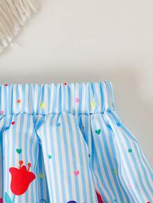 2pcs/Set Young Girl Summer Outfit, 4-7 Years Old, Blue & White Striped Fashion Street Style Heart Ruched Camisole Top & Floral Print Elastic Waist Skirt, Soft Casual Cute Commuting Suitable For Spring/Summer, Gift - Blue - View 8