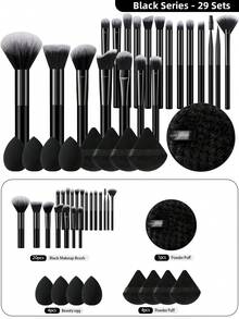 6/5/29Pcs Cool Black Luxury Makeup Set, 20 Ultra-Soft Makeup Brushes, Full-Spec Sponges & Powder Puffs, Facial Cleansing Sponge, All-In-One Complete Beauty Kit For Makeup Beginners - Black - View 11