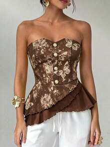 Floral Print Colorblock Woven Fabric Strapless Top Casual Summer - Multicolor - View 2