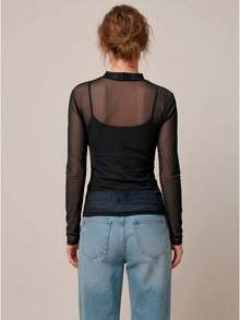Blusa Segunda Pele Feminina Tule Transparente Manga Longa Gola Alta Ajustada Moda Blogueira Elegante - Preto - Visão 3