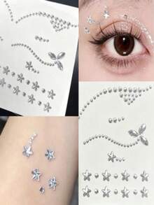 1pc Eye Makeup Rhinestone Stickers, Wavy Line + Four-Leaf Clover + Five-Pointed Star Combination, Self-Adhesive Backing, Creative Glitter Rhinestone Stickers For Stage Makeup And Party Eye Area - Multicolor - View 3
