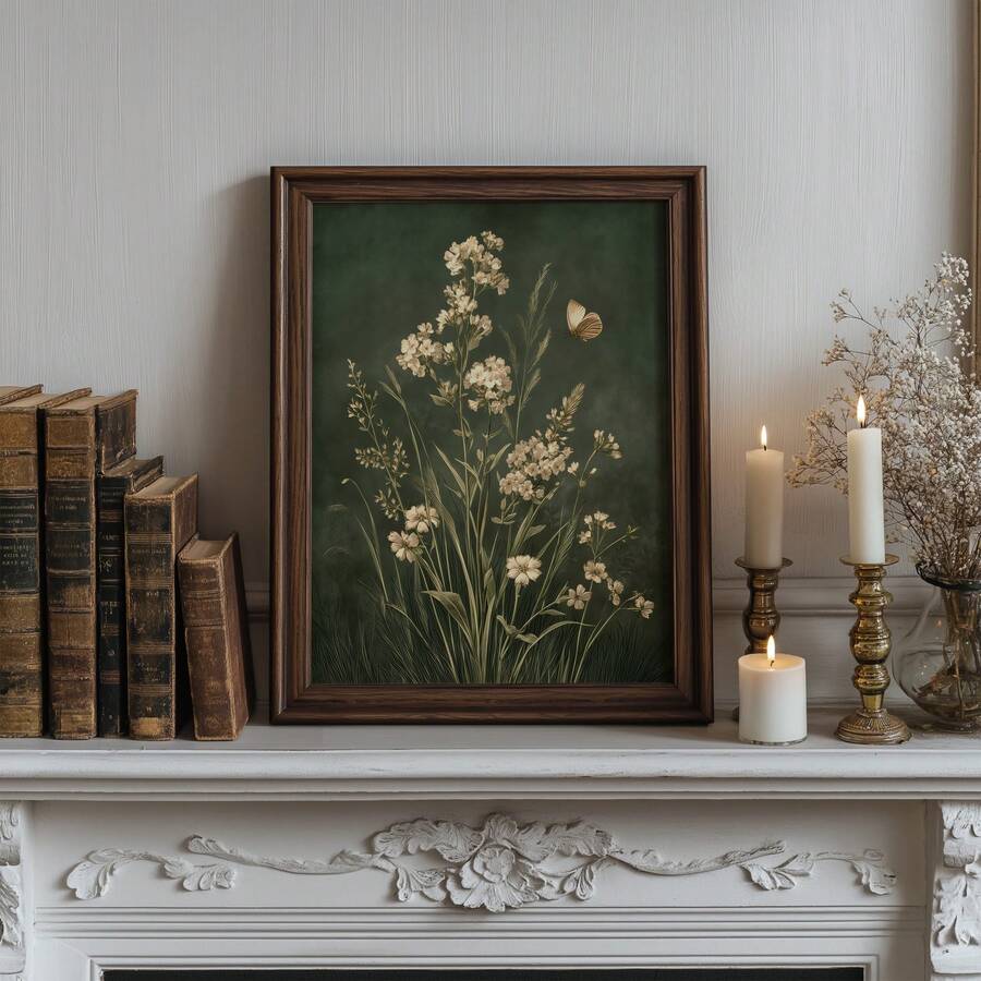 1pc Frameless Vintage Dark Green Floral Wall Art Print Dark Academia Decor Cottagecore Botanical Print Aesthetic Apartment Living Room Bedroom Back To School Funky Posters Dorm Essentials - Retro Floral - View 1