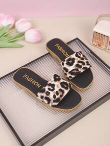 1 Paar Mädchen Leoparden Muster Einriemen Sandalen, weiche rutschfeste Flache Pantoffeln, Casual Strandschuhe für den Sommer - Schwarz - Übersicht 2
