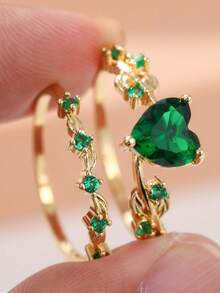 女款心形 2 件組戒指套組，粗款時尚配件 - 綠色 - 查看 7