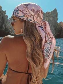 1pc Bohemian Luxury Vintage Chain Print Women's Scarf/Bandana, French Vintage Style Versatile Silk Scarf, All-Season Wear For Women, Can Be Used As Neck Scarf, Headband, Hair Wrap Or Shawl, Suitable For Spring/Summer Beach Vacation, Street Fashion Matching, Ideal Choice To Enhance Overall Look, Travel Essential, Beach Towel - Pink - View 5