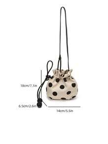 Polka Dot Drawstring Small Bag With Bead Decoration, Vintage Style Casual Versatile Crossbody Small Bag - Black - View 2