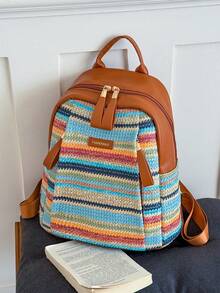 Fashionable Rainbow-Striped Woven Straw And PU Patchwork Backpack: A Casual, Vacation-Style, Large-Capacity Straw Backpack Perfect For Beach Vacations - Multicolor - View 7