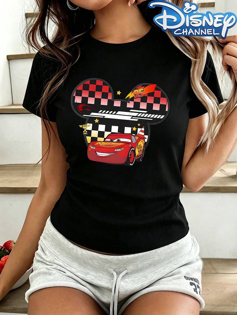 Disney Cars Lightning McQueen Mickey Ears Print Crew Neck Tee, Theme Park Casual Graphic Top - 黑色 - 查看 1