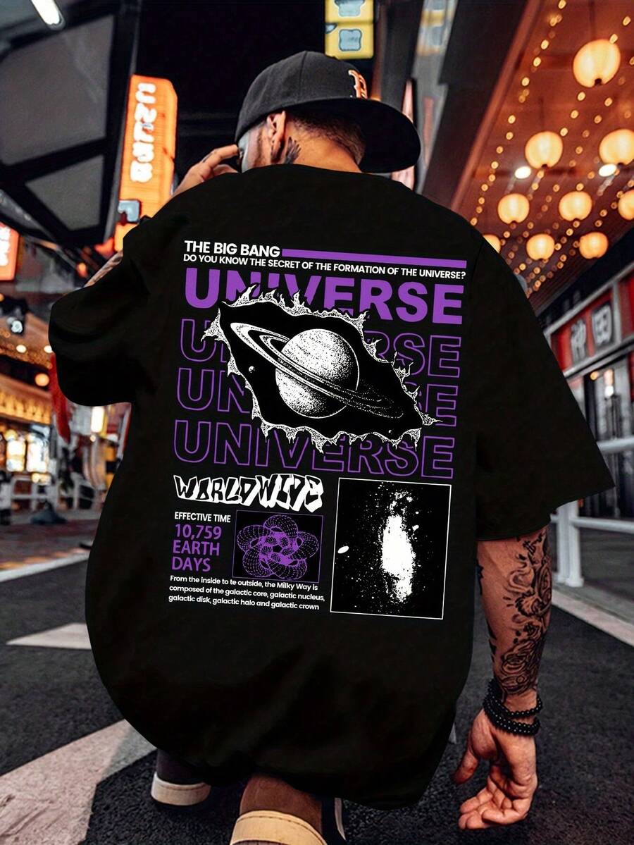 Stylish UNIVERSE Printing,Men's Graphic Design Crew Neck Sweatshirt T Shirt,Summer Leisure And Comfort T Shirt,Men's Tops Are Suitable For Daily Gym W - Black - View 1