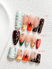 10Pcs Y2K Style Handmade Press On Nail,Polygel Nail Set,Stars,Green, Brown, Yellow And White Nail Polish,Natural Style,Includes Nail Tools,3 Sizes Available,Almond Nails , Duck Nails,Coffin Nails For Party, Dance, Daily Wear. - 彩色 - 查看 1