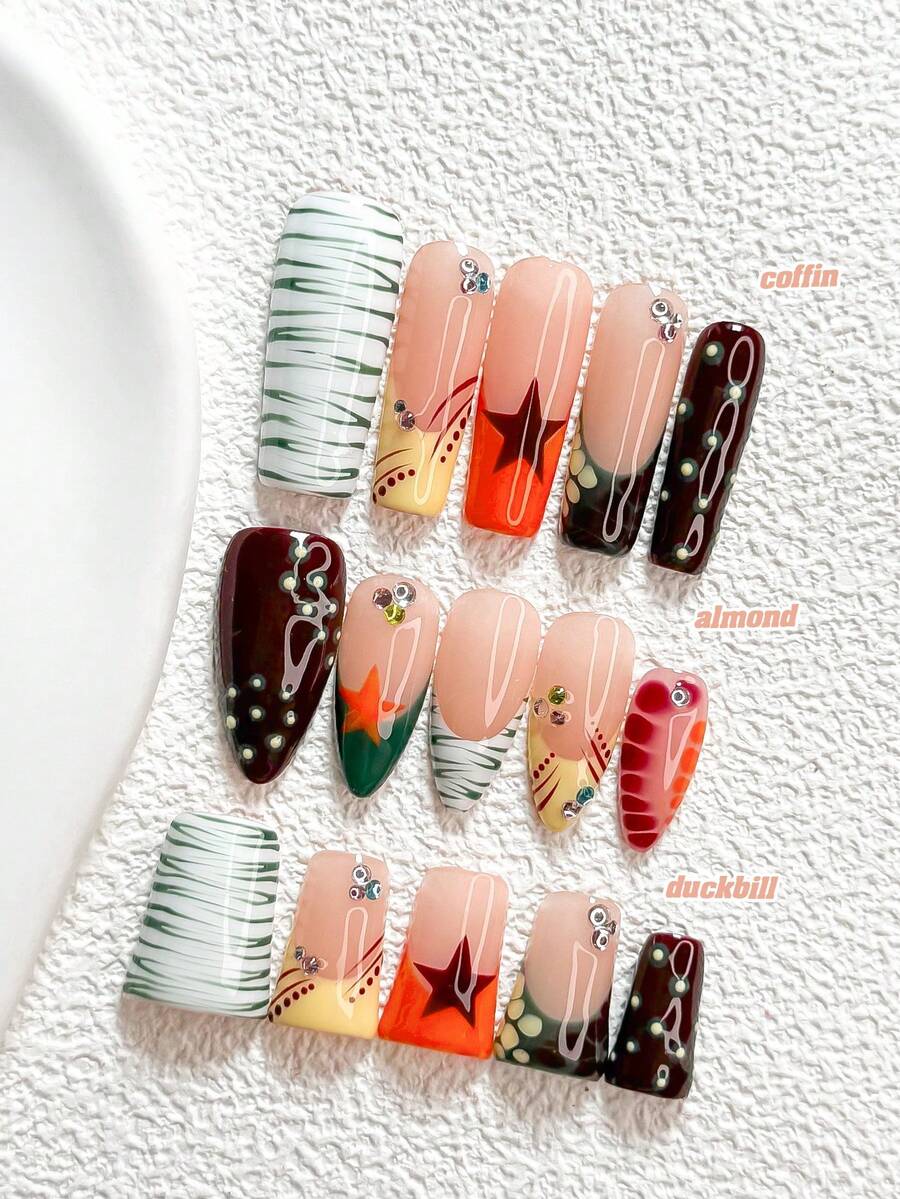 10Pcs Y2K Style Handmade Press On Nail,Polygel Nail Set,Stars,Green, Brown, Yellow And White Nail Polish,Natural Style,Includes Nail Tools,3 Sizes Available,Almond Nails , Duck Nails,Coffin Nails For Party, Dance, Daily Wear. - 彩色 - 查看 1