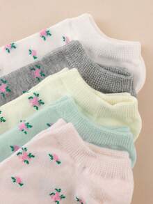 5 Pares de Meias Invisíveis Tipo Barco Femininas com Estampa de Pequenas Rosas Florais, Design Simples, Adequadas para Uso Diário e de Verão - Multicolorido - Visão 6