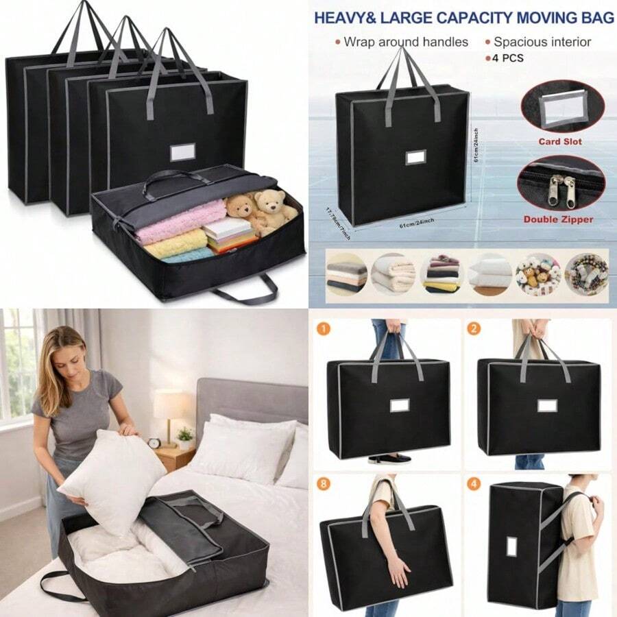 4 Pack Wreath Storage Clothes Blanket 24 Inch Foldable Moving Storage Bags With Handles Double Zipper Large Square Closet Organizers And Containers For Bedding Duvet Comforter - Oxford - View 1