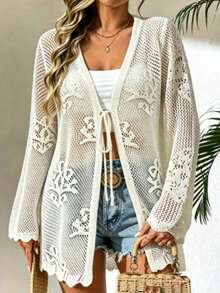 Cárdigan de punto casual con nudo, de talla grande, de unicolor y con patrón floral hueco - Albaricoque - Ver 3