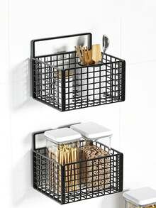 Drill-Free Iron Bathroom Storage Rack, Wall-Mounted Storage Basket, Multi-Functional Storage Shelf For Bathroom And Kitchen, Black Mesh Drill-Free, Black Mesh Drill-Free - A - View 8