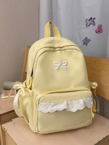學院風蕾絲蝴蝶結後背包，青少年女孩日常上學包，休閒校園日常後背包，輕量多功能學生後背包 - 多色 - 查看 15