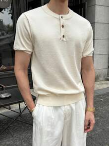 1件男士T恤，夏季薄款亨利領，親膚針織面料，韓系半開襟休閒短袖上衣，日常通勤街頭多場景T恤 - 杏色 - 查看 4