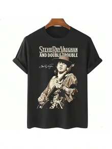 Unique Pattern In Black T Shirt - Foldable Sleeve Design,Metallic Font Paired With A Monochromatic Guitar Pattern - Fashionable And Casual, Suitable For Music Lovers T Shirt,Very Suitable For Daily Wear Or Attending Concerts - Comfortable Fabric,Suitable For All-Day Wear. - 黑色 - 查看 1