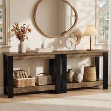FINMIND 41" Industrial Console Table , 2-Tier Narrow Sofa Table Behind Couch With Black Frame, Modern Farmhouse Entryway Table For Hallway Living Room - Brown and Black - View 9