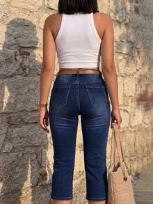 Women's Button-Front Mid-Waist Stretch Denim Capris, Summer Elegant Holiday Beach Jeans Casual - Dark Wash - View 3