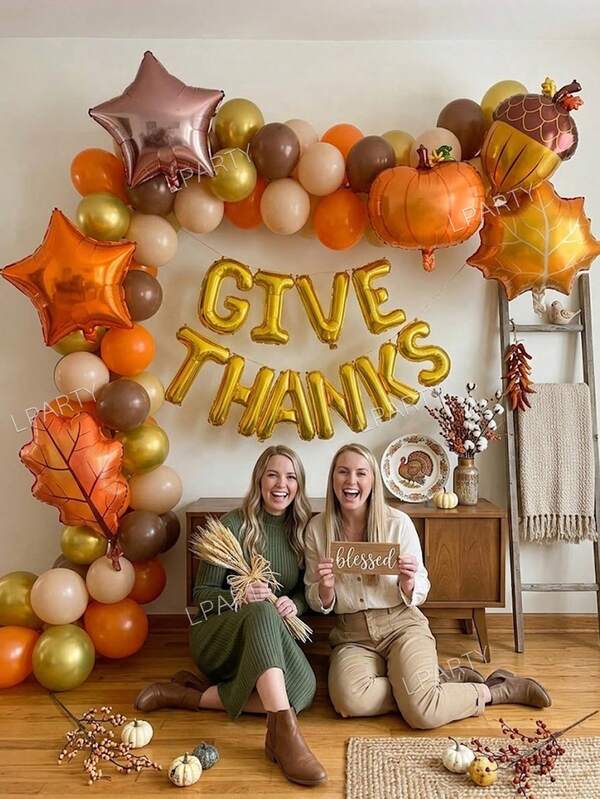 116pcs/16pcs Thanksgiving Decoration Balloon Set, 16 Inch Gold GIVE THANKS Letter Banner Foil Balloons, Thanksgiving Arch Set, Includes Pumpkin / Acorn / Maple Leaf / Star Shaped Foil Balloons, Warm Brown Orange Gold Color Latex Balloon Garland, Autumn Harvest Season Thanksgiving Party Scene Decor Props