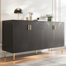 Black Sideboard (152 X 40 X 75 Cm) With A Unique Wavy Pattern, Gold Handles And Feet, Creating An Elegant Dining Space. - 黑色 - 查看 3
