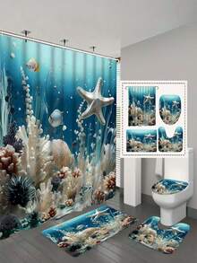1/3/4 Pcs Starfish Bathroom Curtain Set, Creative Decorative Bathroom Set Including Waterproof Shower Curtain, Non-Slip Mat, Toilet Lid Cover, Bath Mat And 12 Plastic Hooks, Bathroom Decor, Shower Curtain Set, Home Decor, Bathroom Accessories (Please Select The Appropriate Size According To The Size Chart To Avoid Being Too Large Or Too Small) - Multicolor - View 13