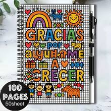 1套可愛童趣風2D封面螺旋線圈筆記本組，印有「GRACIAS POR AYUDAME A CRECER」及其他彩色文字與圖案。100頁大容量，50張。附贈配套筆，適合開學、工作、學習、日記、日常規劃等，也是畢業和生日的貼心禮物選擇。 - H - 查看 8