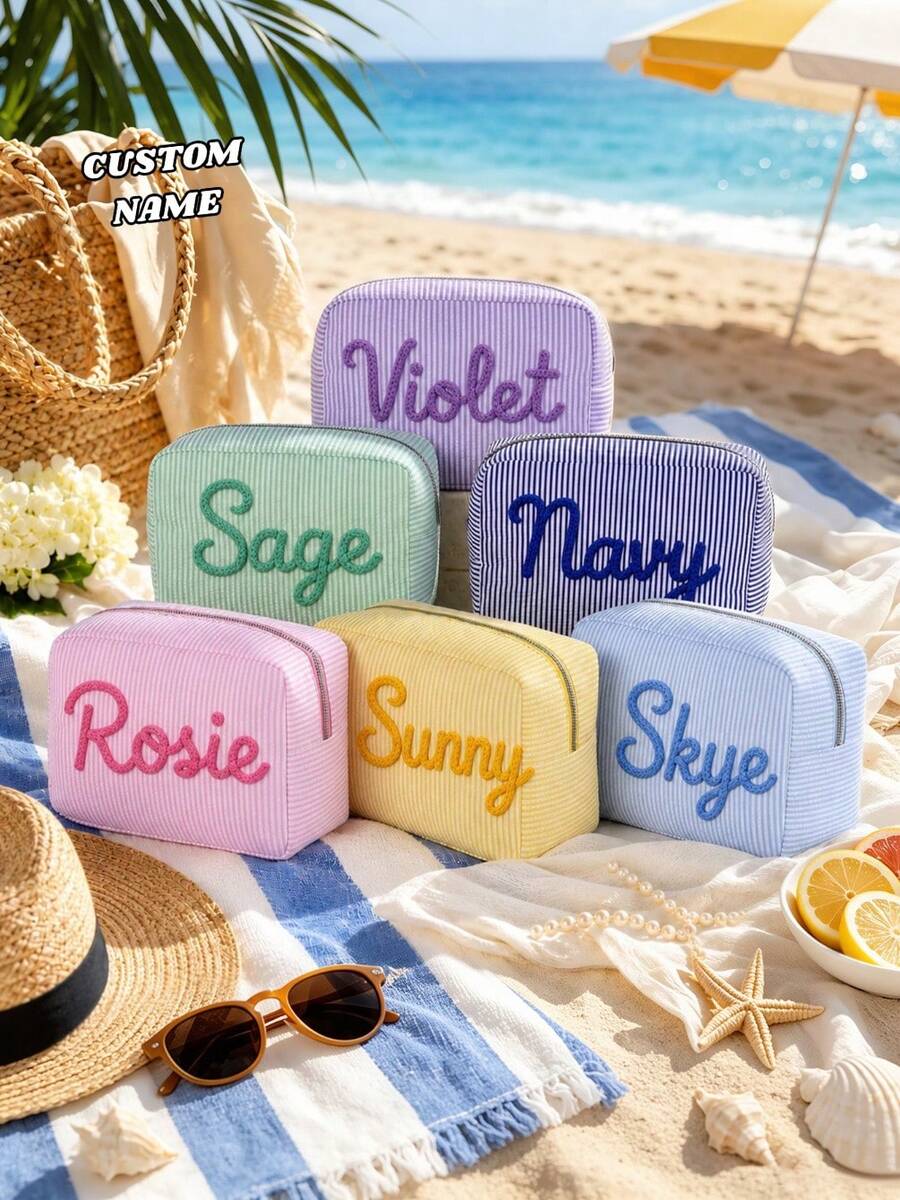 Bolsa de maquillaje de tela arrugada personalizada, bolsa de aseo con nombre de chenilla personalizada, bolsa de almacenamiento de viaje para vacaciones de verano en la playa, regalo de viaje para niñas - Multicolor - Ver 1