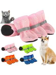 4pcs/Set Breathable Dog Mesh Shoes, Reflective Wear-Resistant Dog Mesh Shoes, Non-Slip Hollow Dog Shoes, Spring Style - Multicolor - View 6