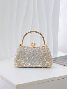 Women's Rhinestone Evening Clutch Bag, Top Handle Frame Clutch, Sparkling Rhinestone And Pearl Decorated Hard Shell Wallet, Luxury Style Suitable For Weddings, Proms - Gold - View 5