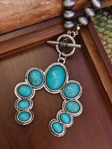 1pc Style Pink Blue Turquoise Pendant Necklace Vintage Distressed Silver Chain OT Clasp Design Western Cowboy Style Accessory - Necklace - View 15
