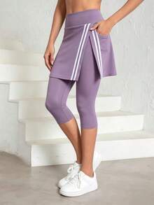 Women's Fashion Side Stripe Split Skirt Leggings, All Season Wear, Women's Tennis Skirt Leggings With Pockets, 7/8 Length Yoga Leggings With Skirt Hem, Suitable For Sports And Casual Wear - Mauve Purple - View 5