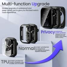 2合1防水隱私保護殼，適用於Apple Watch 40/41/42/44/45/46/49mm，強化玻璃螢幕保護貼，適用於iiwatch Ultra/SE/11/10/9/8/7/6/5 - 黑色 - 查看 2