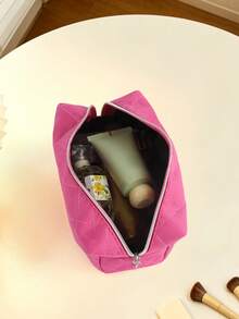 1 Stück einfarbige gesteppte Diamantmuster Damen Make-up Tasche, weicher hautfreundlicher Stoff mit gestepptem Diamantdesign, einfach und elegant; große Kapazität Reise Make-up Tasche, perfektes Geschenk für Mädchen, multifunktionale Beauty-Tool Aufbewahrungstasche. - Verschiedenfarbig - Übersicht 5