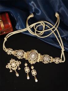 1set Court Style Moroccan Jewelry Set: Robe Belt, Earrings & Brooch, Hollow Carved Inlaid Rhinestones Ladies Accessories For Wedding, Party & Festival - Multicolor - View 11