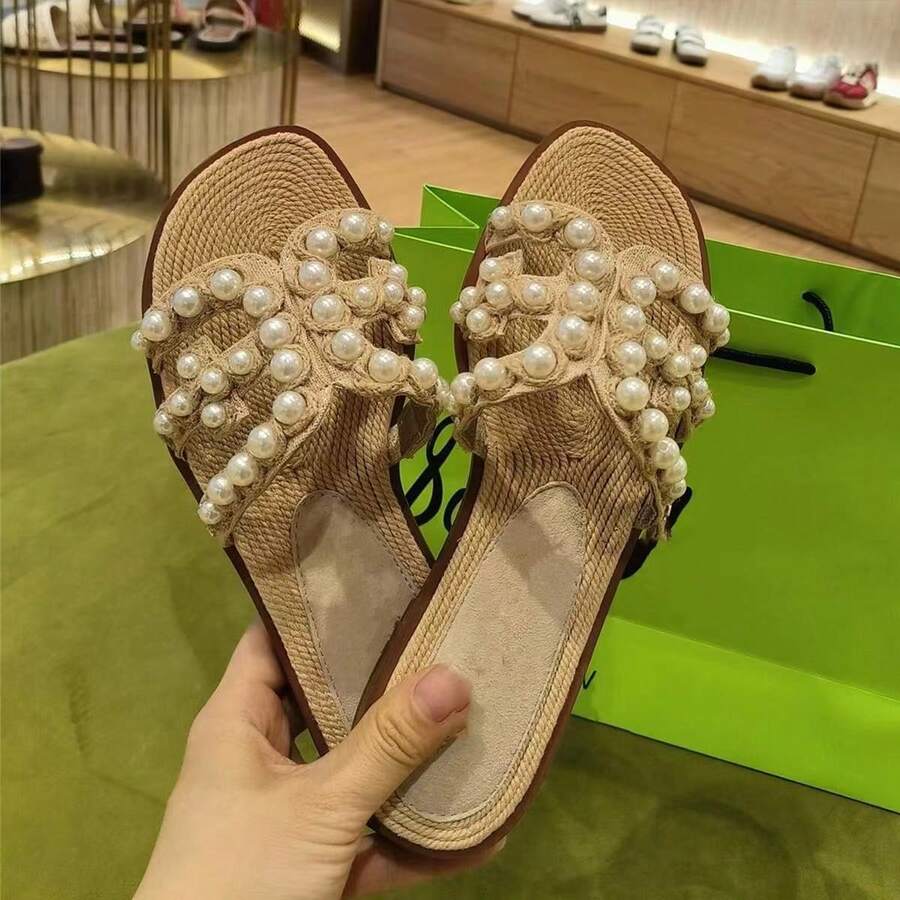 Sandales plates polyvalentes avec perles pour femmes, nouvelle collection été 2026, port extérieur haut de gamme - Nude - Voir 1