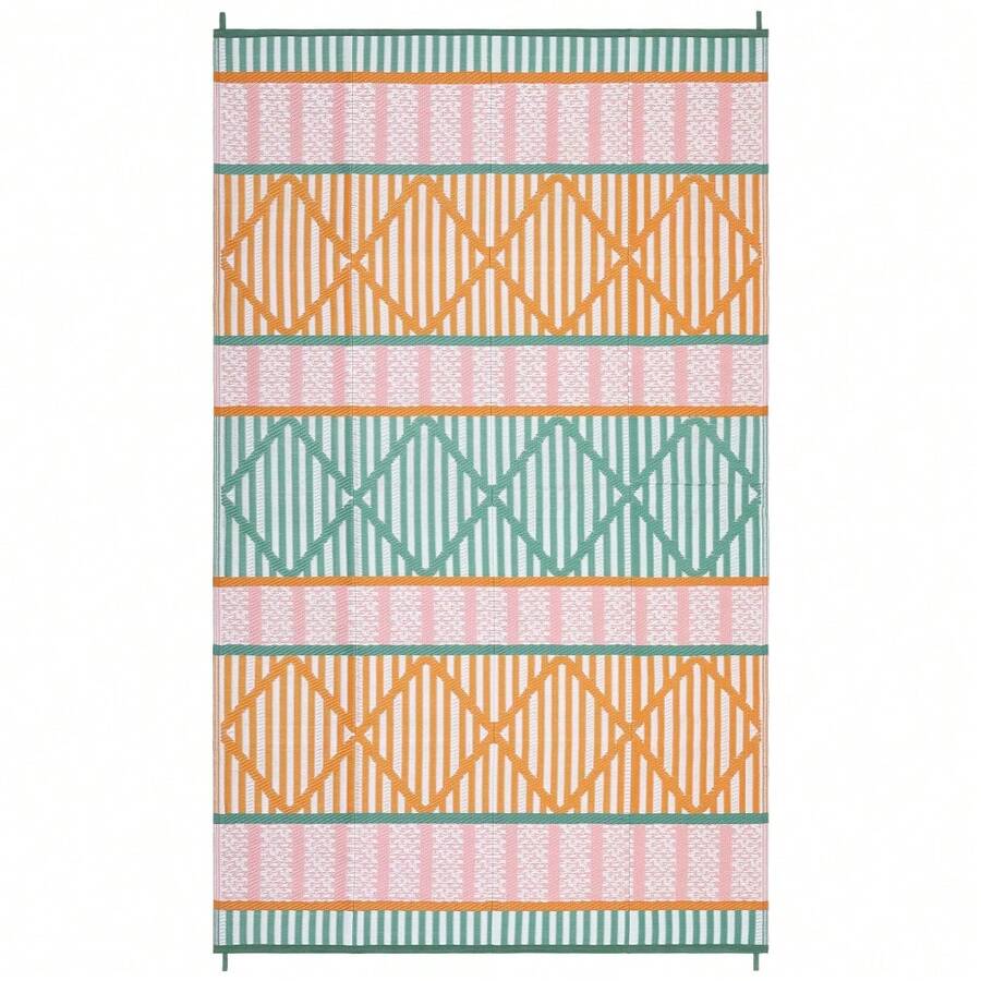 Soonbuy Reversible Plastic Straw Outdoor Rug Waterproof Foldable Washable Leaves Geometry Woven Area Rug For Patio RV Camping Beach Backyard - Orange/Green/Pink/White- 8*10ft - View 1