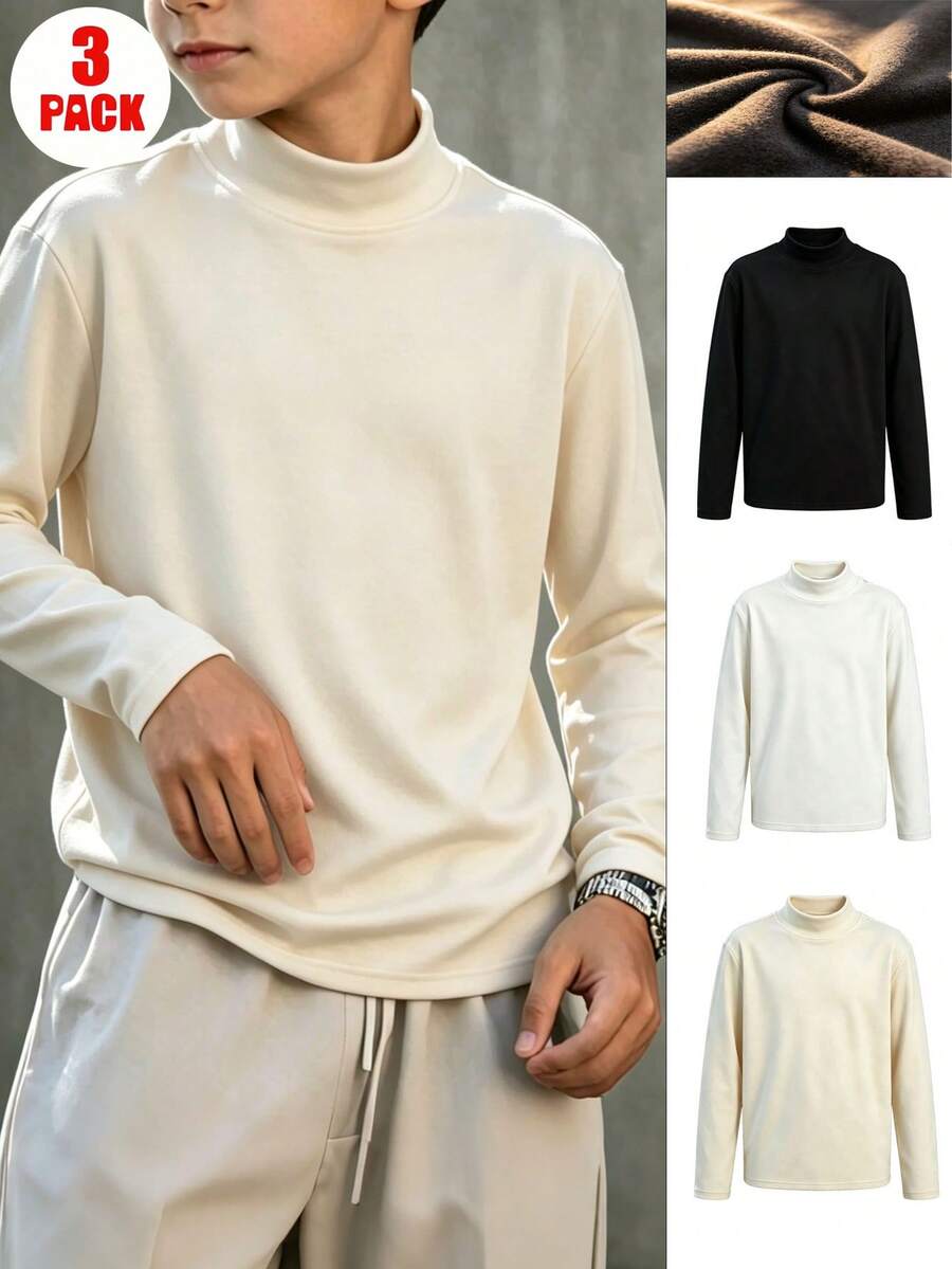 Tween Boy 3 Pieces Set Half-Neck Thickened Fleece Long Sleeve T-Shirts, Suitable For Autumn/Winter Base Layer, Warm And Comfortable Tops For Cold Winter - Multicolor - View 1