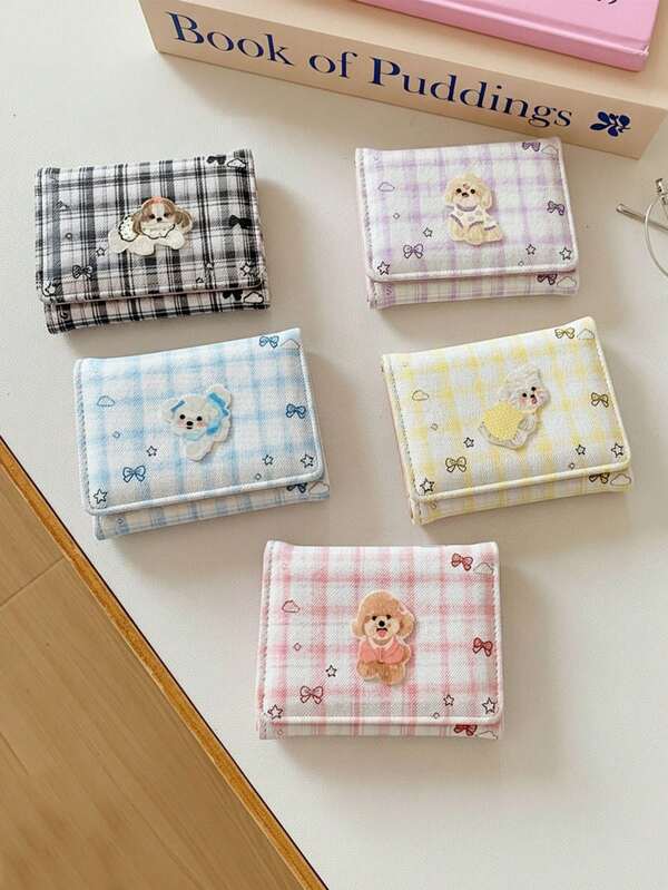 Plaid Puppy Pattern Women's Short Wallet, Trifold Women's Purse, Multi-Slot ID Holder, Lightweight Portable Coin Purse, Trifold Short Card Holder, Coin Purse, ID Holder, Multi-Functional Card Holder, Portable Card Holder For International Travel, Suitable For Daily Commute, International Travel Use, Suitable As Gift For Sisters, Best Friends, Partners, Friends, Birthday Gift, Holiday Gift Recommendation