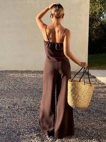 Conjunto de verano para mujer - Top de camiseta blanca con volantes y pantalones casuales, conjunto de 2 piezas para estar en casa - Caqui - Ver 3