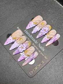 10Pcs Handmade Stiletto Press On Nails, Summer Purple Mermaid Ocean Core Style, 3D Purple Flower+Gold Starfish & Seashell Texture Reusable False Nail Tips For Beach Vacation Daily Party Wear - Lilac Purple - View 2