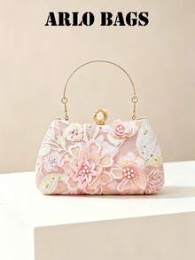 Elegant Hard Shell Handbag Decorated With Exquisite Lace Floral Embroidery And Sturdy Pearl Clasp. Small Size, Gold Handle And Soft Color Palette, Making It The Perfect Choice For Bridesmaids, Wedding Guests Or Anyone Wishing To Wear A Delicate Accessory On Special Occasions. - Pink - View 1
