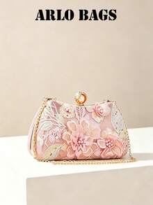 Elegant Hard Shell Handbag Decorated With Exquisite Lace Floral Embroidery And Sturdy Pearl Clasp. Small Size, Gold Handle And Soft Color Palette, Making It The Perfect Choice For Bridesmaids, Wedding Guests Or Anyone Wishing To Wear A Delicate Accessory On Special Occasions. - Pink - View 2